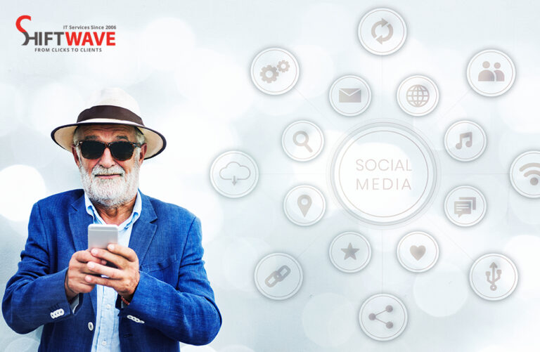 Elderly man with phone and social media icons around him