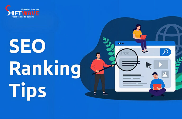 SEO ranking tips illustration with people analyzing web pages.