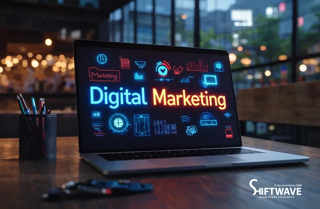 Laptop Showing Digital Marketing Dashboard with SEO and Analytics Icons