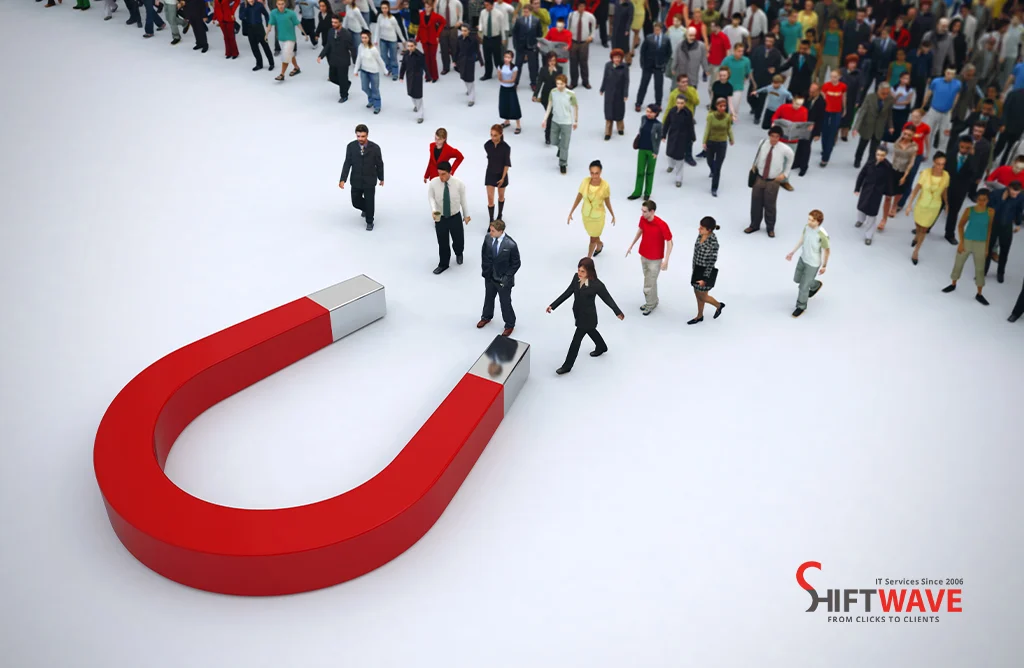 Crowd Attracted Towards Magnet Symbolizing Customer Lead Generation