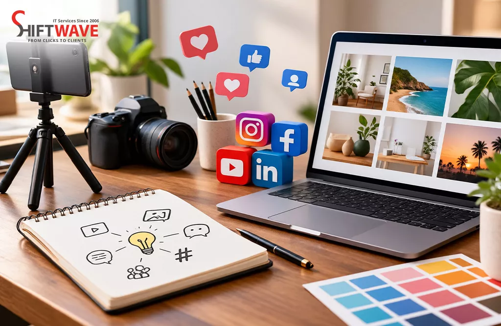 Creative Social Media Content Creation Using Cameras, Laptops, And Digital Marketing Tools.